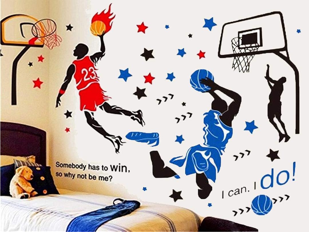 3D Basketball Player Wall Decals Decors for Boys Room,Sports Decals Stickers, Basketball Slam Dunk Wall Decors for Boys Bedroom