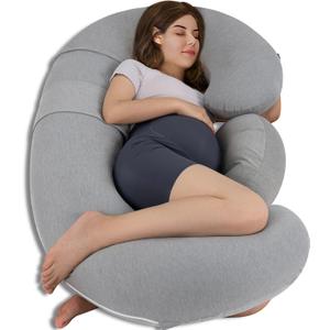 QUEEN ROSE Cooling Pregnancy Pillows, E Shaped Maternity Pillow for Sleeping, with Extra Wedge Pillow for Belly Support, 55 Inch Detachable Body Pillow, Breathable Cover, Grey (Versatile - Glossy Gary)