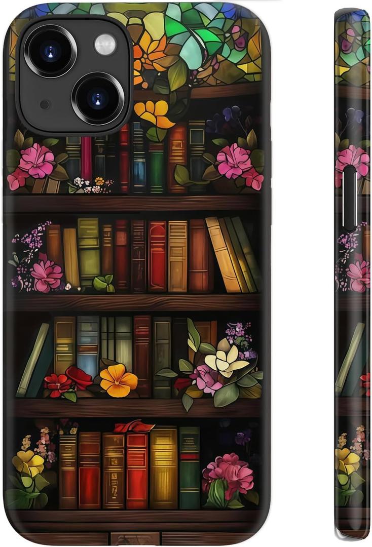 for iPhone 14 Case Cute - Wireless Charging Compatible - Dual-Layer Hard Shell + Silicone Cover - Aesthetic Protective Trendy Phone Case for Women - Floral Library
