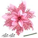 Christmas Poinsettia Artificial Flowers Decorations 5.5" Christmas Tree Wreaths Garland Decoration 12 Pcs Glitter Flowers Picks Decor for Xmas New Year Wedding Party Ornaments (Pink)