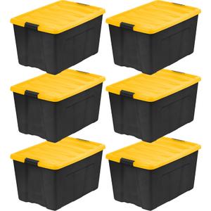 IRIS USA 72 Qt Stackable Plastic Storage Bins with Lids, 6 Pack - BPA-Free, Made in USA - Garage Organizing Solution, Latches, Durable Nestable Containers, Secure Pull Handle - Black/Yellow