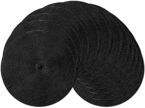 Leetaltree Round Placemats Heat and Slip Resistant Cotton Table Mats, Washable Bohemian Placemats for Dining Tables (Black, Set of 12)