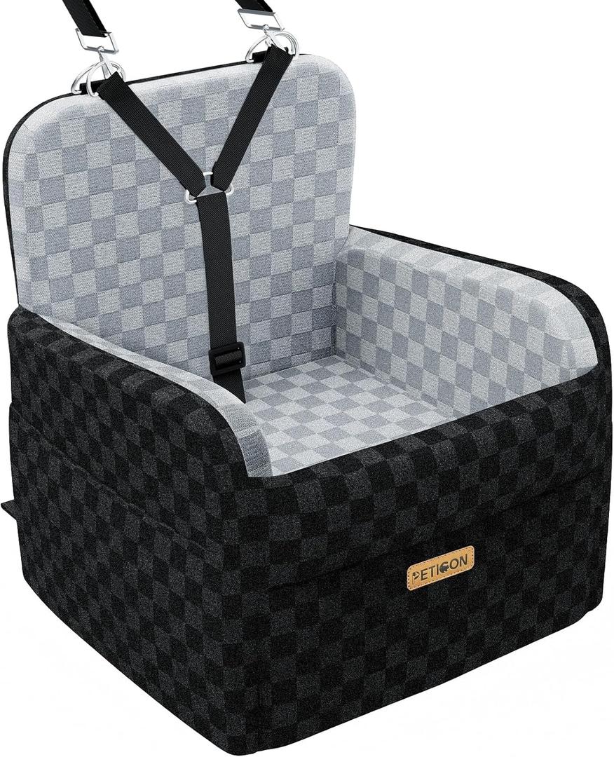 PETICON Waterproof Dog Car Seat for Small Medium Dogs, 6in Memory Foam Pet Booster Seat for Dogs up to 26 lbs with Pockets, Detachable Washable Pet Carseat with Y-Shape Safety Belt