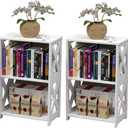 End Table Living Room Set of 2, White Side Table 3-Tier, Nightstand, Small Bookcase Bookshelf for Bed Sofa Couch