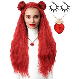Long Wavy Red Wig with Braided Hair Buns Wig Including Red Necklace and Earrings for Cosplay, Costume, Halloween Party (Adult)