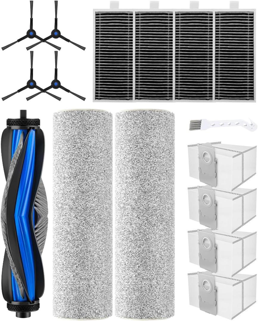16Pcs Replacement Accessories kit for ECOVACS DEEBOT X8 Pro Omni / X8 Omni Robot Vacuum With 1 Anti Tangle Main Brushes, 2 Roller Mops, 4 HEPA Filters, 4 Side Brushes, 4 Dust Bag, 1 Cleaning Brushes