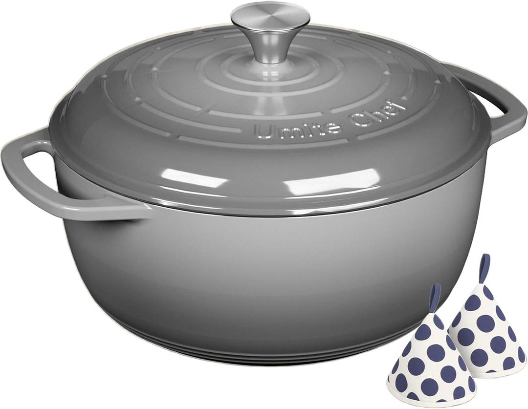 Enameled Cast Iron Dutch Oven - Umite Chef 6QT Pot with Lid & Cotton Potholders - Dual Handles -Versatile Heavy Duty Cookware for Bread BakingBraising, Stews, RoastingGrey