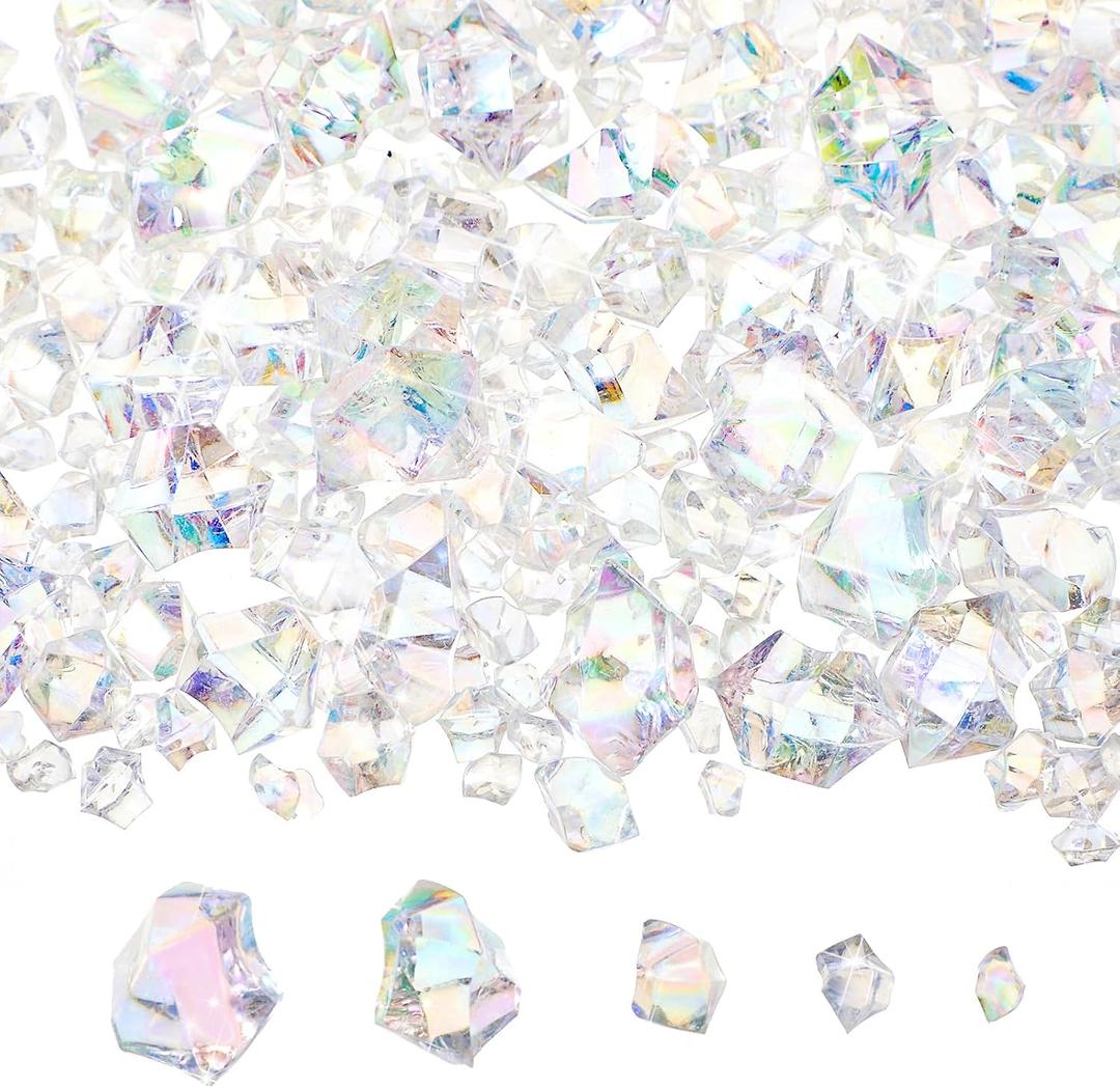 Syhood 570 Pcs 5 Sizes Bright Clear Fake Crushed Ice Rocks Iridescent Acrylic Crystal Gems Plastic Diamonds for Vase Fillers Winter Wedding Fish Tank Display Aquarium Table Scatter Holiday Decoration