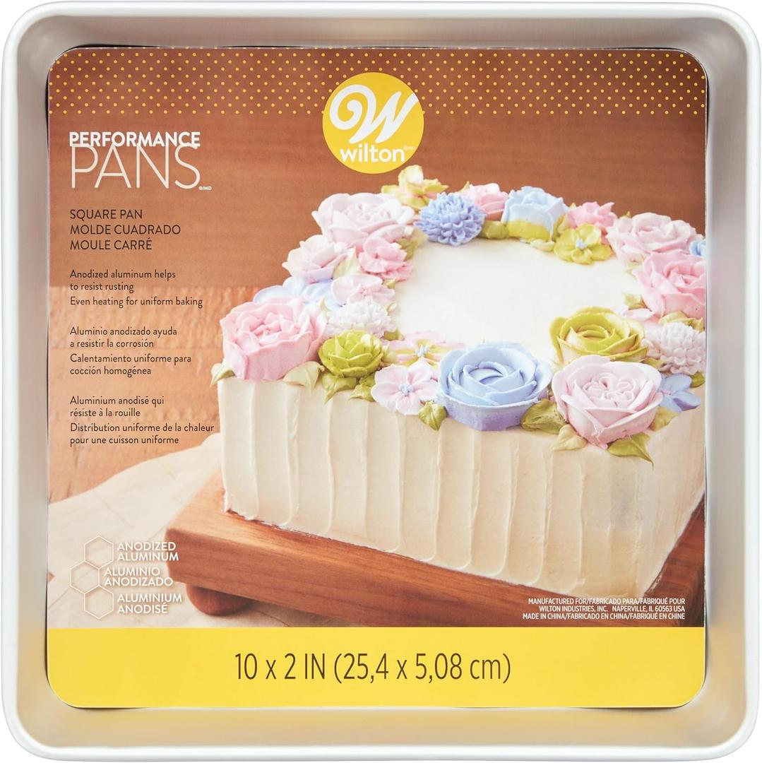 Wilton Aluminum 10x2 Inch Square Cake Pan, Made With Natural Anodized Aluminum, Made Without PFAS, Aluminum Pan Bakeware Optimal For Even Heating