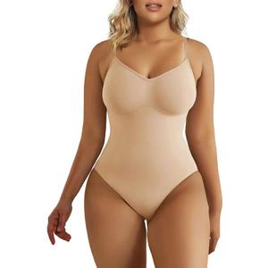SHAPERX Women's Shapewear Bodysuit Tummy Control Body Shaper Seamless Sculpting Snatched Waist Body Suit (Small/Medium, Beige Thong)