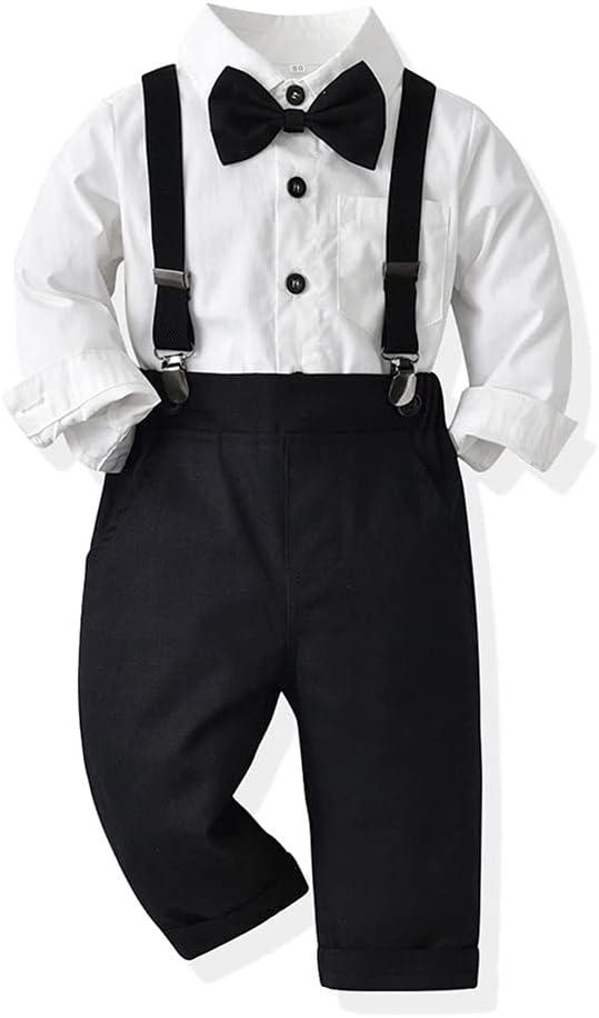 IDOPIP Toddler Kids Baby Boys 1st Christmas Outfit Gentleman Striped Shirt with Bowtie +Long Suspender Pants Overalls Clothes (18-24 Months, Black + White)