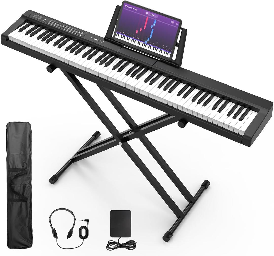 Digital Piano 88 Key Full Size Semi Weighted Electronic Keyboard Piano Set with Stand,Built-In Speakers,Electric Piano Keyboard with Sustain Pedal,Bluetooth,MIDI/USB/MP3 for Beginners Adults/81x (Black)