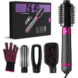 4 in 1 Blow Dryer Brush Negative Ionic Hot Air Brush Kit, Hair Volumizer with 4 Detachable Brush Heads for Straightening Curling Styling 