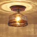 2 Pack 6.7'' Semi Flush Mount Ceiling Light,MidCentury Modern Ceiling Light Fixture,Brown Glass Lampshade Vintage Hallway Lights Fixtures,Wood Base Flush Mount Ceilings Lights【No Bulb Included】