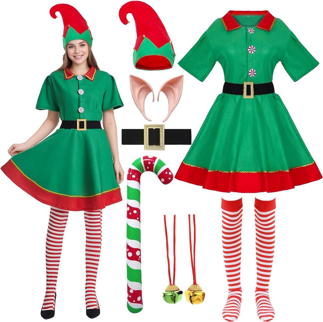 Forfamy Christmas Elf Costume Adult Men Women Kid, Santa's Helper Xmas Festive Outfit Elf Hat Ears Fancy Dress Accessories (Woman)
