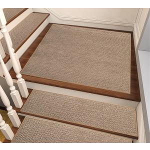 Linen Stair Landing Mat for Wooden Steps Indoor 28 * 28 inch, Upgraded Self Adhesive Backing Non Slip Stair-Treads Matching-Mat, Peel and Stick Square Stair Rugs (Beige)