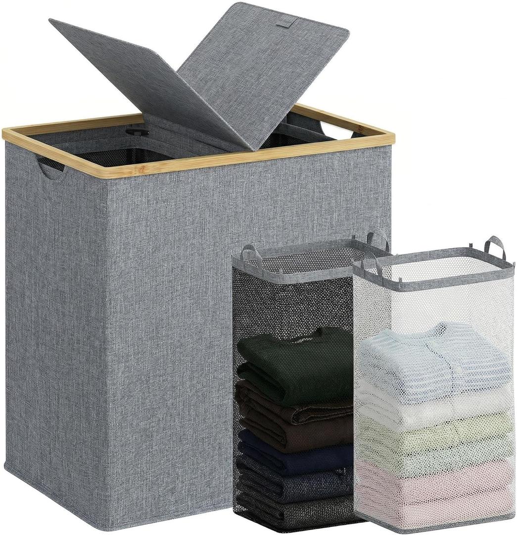 efluky Laundry Hamper with Lid, Double Laundry Hamper with 2 Removable Bags, 2 Section Laundry Basket with Bamboo Handles for Bathroom, Bedroom & Laundry Room, 140L (36.9 Gallon) Blue Grey, 140L Dual