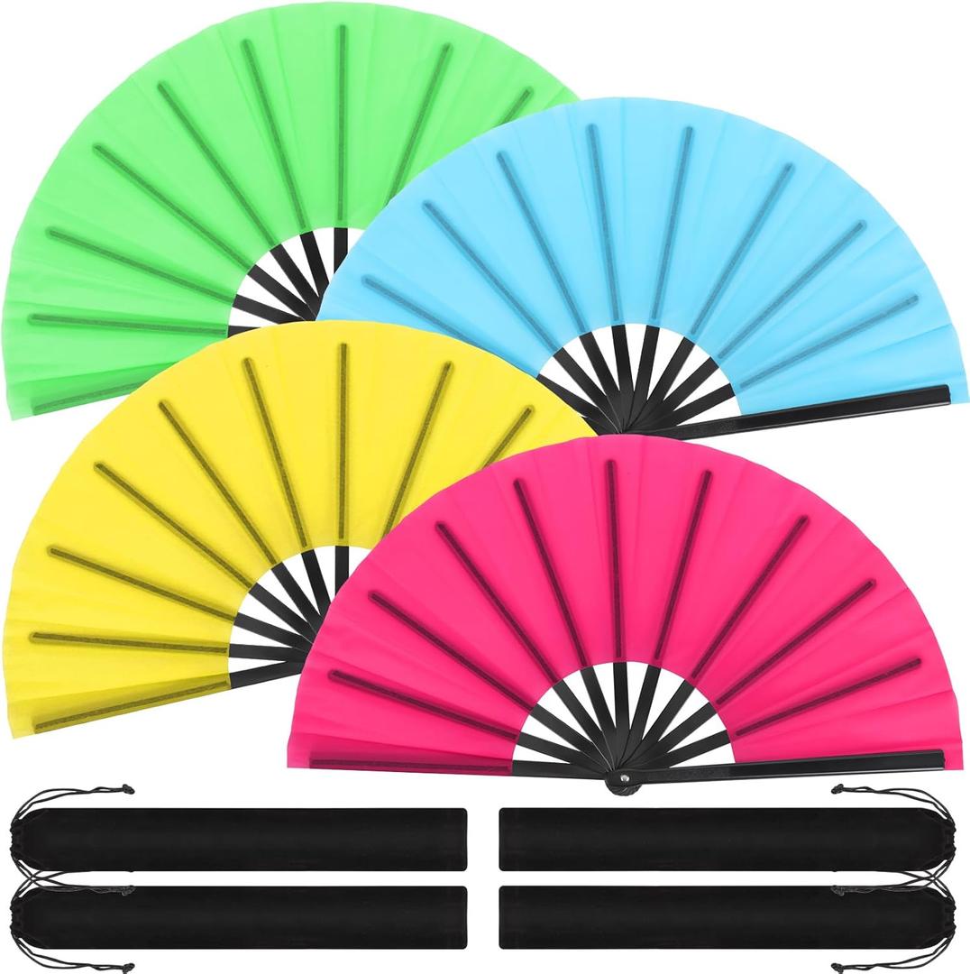 Blulu 4 Pcs Large Folding Fans Bulk with 4 Fan Sleeves, Chinese Kung Fu Hand Clack Rave Fans for Line Dancing, Festival, Party Decor and Performance(Classic Style,Fluorescent Color,13 Inch)