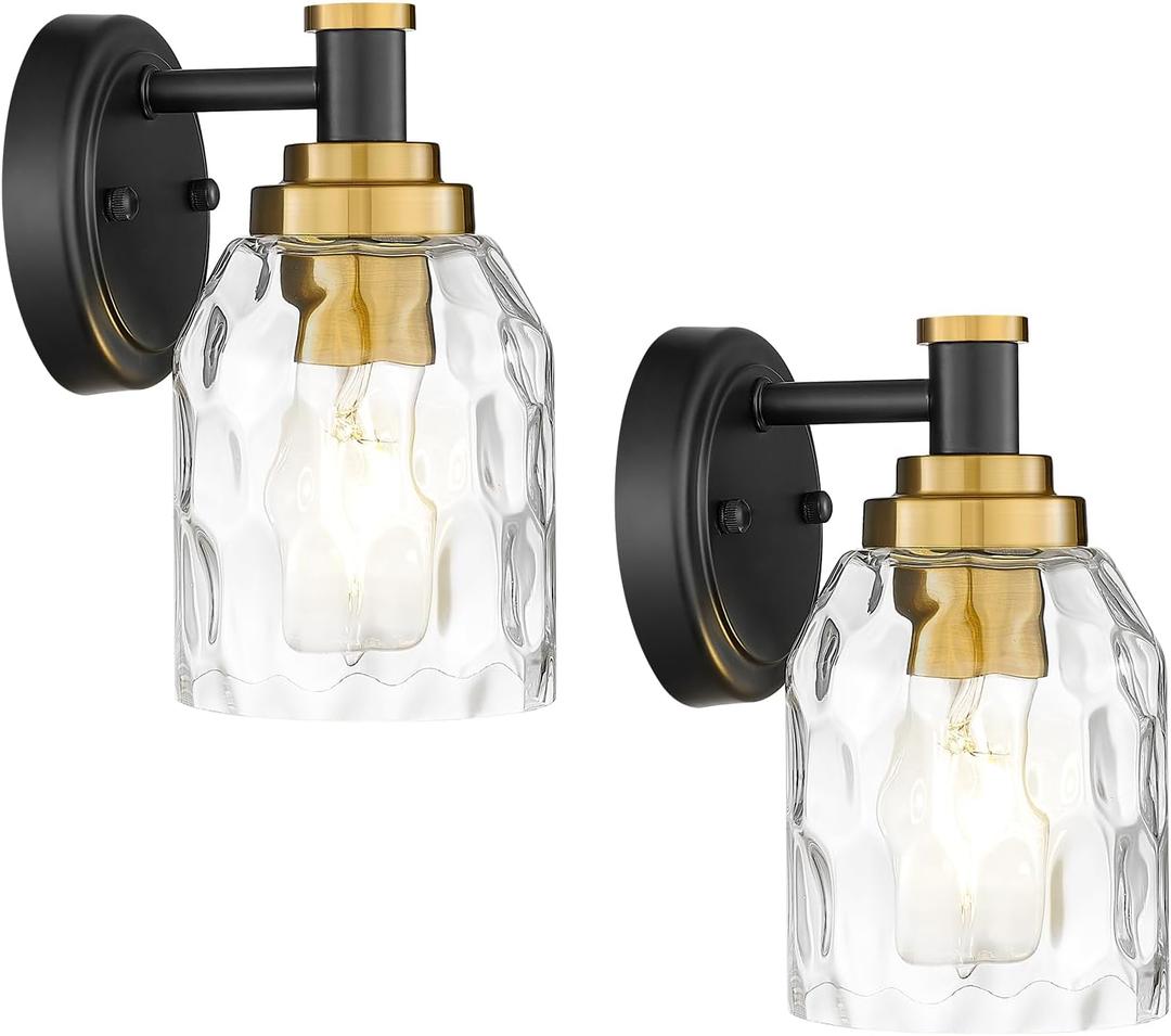 zeyu Wall Sconces Set of 2, 1-Light Bathroom Light Fixtures, Modern Vanity Light Wall Lamp with Water Ripple Glass Shade, Black and Gold Finish, ZG33B-2 BK+BG-WG