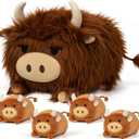 YIIQUWEN Highland Cow Stuffed Animal, Highland Cow Mommy Plush Set with 4 Baby Calves, Soft Stuffed Toy Pillow, Cute Birthday for Kids Boys Girls