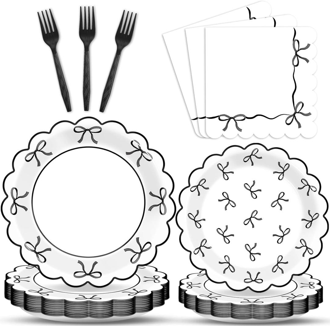 96Pcs Black White Bow Party Decorations Girl Bow Birthday Paper Plates Napkins Supplies Bowknot Themed Cake Tableware Dinnerware for Bachelorette Engagement Wedding Baby Bridal Shower Serves 24