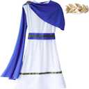Grecian Toga Costume for Kids, Ancient Greek God Costume for Boys, Roman Nobility Cosplay Dress Up (3-7 Years, Blue White)