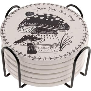 Karma, Black and White Garden Coaster Set of 6 - Coasters for Drinks Absorbent with Metal Holder - Great Gift for Birthday, Housewarming, Room Decor, Bar, Holiday Party