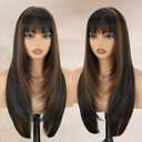 Highlight Long Straight Layered Wig with Bangs for Women 26 inch Black Mixed Brown Put on Go Realistic Synthetic Fiber Heat Resistant Natural Wig for Girls Party Cosplay and Daily Use