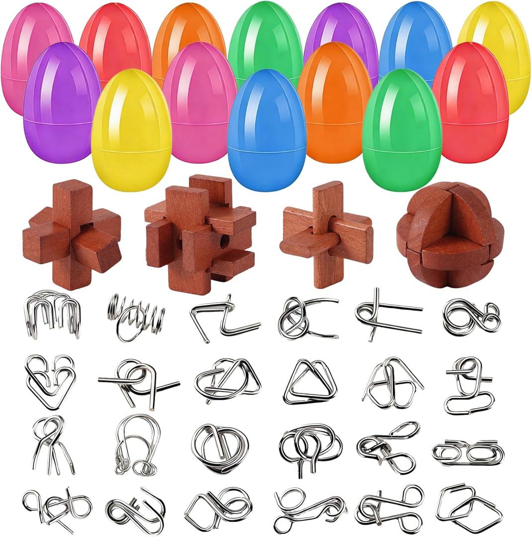 28 Pack Easter Eggs with Brain Teaser Puzzles Easter Basket Stuffers for Adults Teens Metal Puzzles Game Toys Wooden Unlock Interlocking Puzzle IQ Education Toy for Party Favors