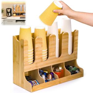 Goaste Bamboo Coffee Station Organizer, 8 Compartment Coffee Tea Condiment Rack, Rustic Syrup Bar Breakroom Accessories Caddy for K Pods, Snack, Tea Bags, Disposable Cups, Syrup, Stirrers