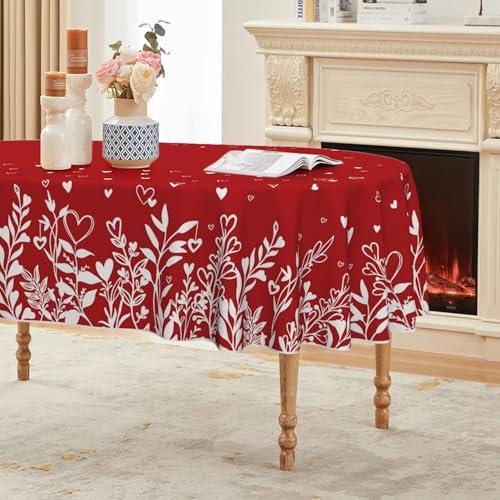 Horaldaily Valentine Tablecloth 60×84 Inch Oval, Love Plants Red Washable Table Cover for Party Picnic Dinner Decor