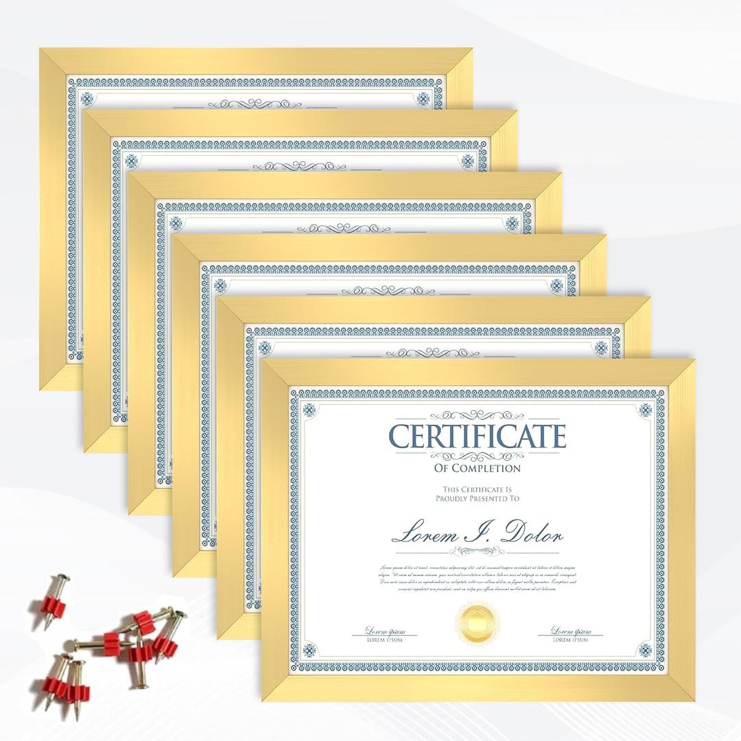 8.5x11 Picture Frame set of 6, Multi Certificate 8.5 by 11 Picture Frames Bulk, Document Diploma Award Frame, Wall Hanging or Tabletop Display, Gold