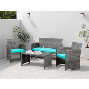 Shintenchi 4 Piece Patio Ratten Set Outdoor Furniture Set Wicker Conversation Set with Cushions and Tempered Glass Tabletop,Blue
