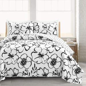 Lush Decor Scandinavian Floral 3 Piece Quilt Set, Full/Queen, Black & White
