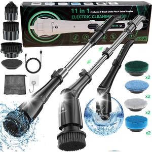 Electric Spin Scrubber for Bathroom  Cordless Shower Scrubber with 3 Adjustable Speeds, Long Handle, 11 Replaceable Brush Heads  Tile, Grout, Tub & Floor Cleaner