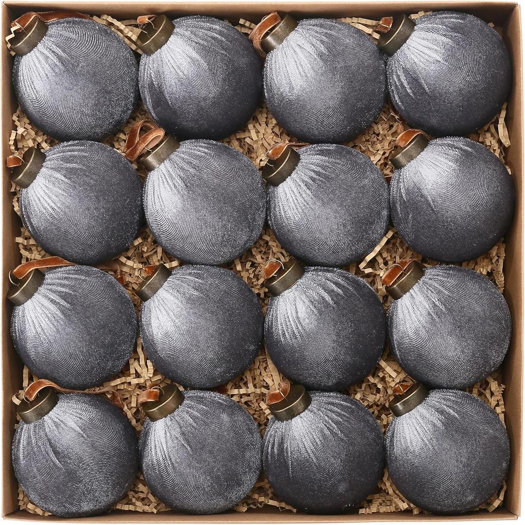 Sea Team 16-Pack Flocked Velvet Cloth Christmas Tree Ball Ornaments Set, Hanging Velour Baubles, Shatterproof Plastic Decorations for Xmas Tree, Wreath, Garland, 80mm/3.15 Inches, Gray (Grey)