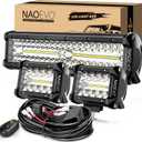 NAOEVO 12Inch LED Light Bar and 2PCS 4Inch LED Pod Lights, 420W 42000LM LED Fog/Driving/Off Road Lights Bar, Spot Flood Combo LED Light Bar with Wiring Harness Kit-3 Lead for Truck ATV Boat