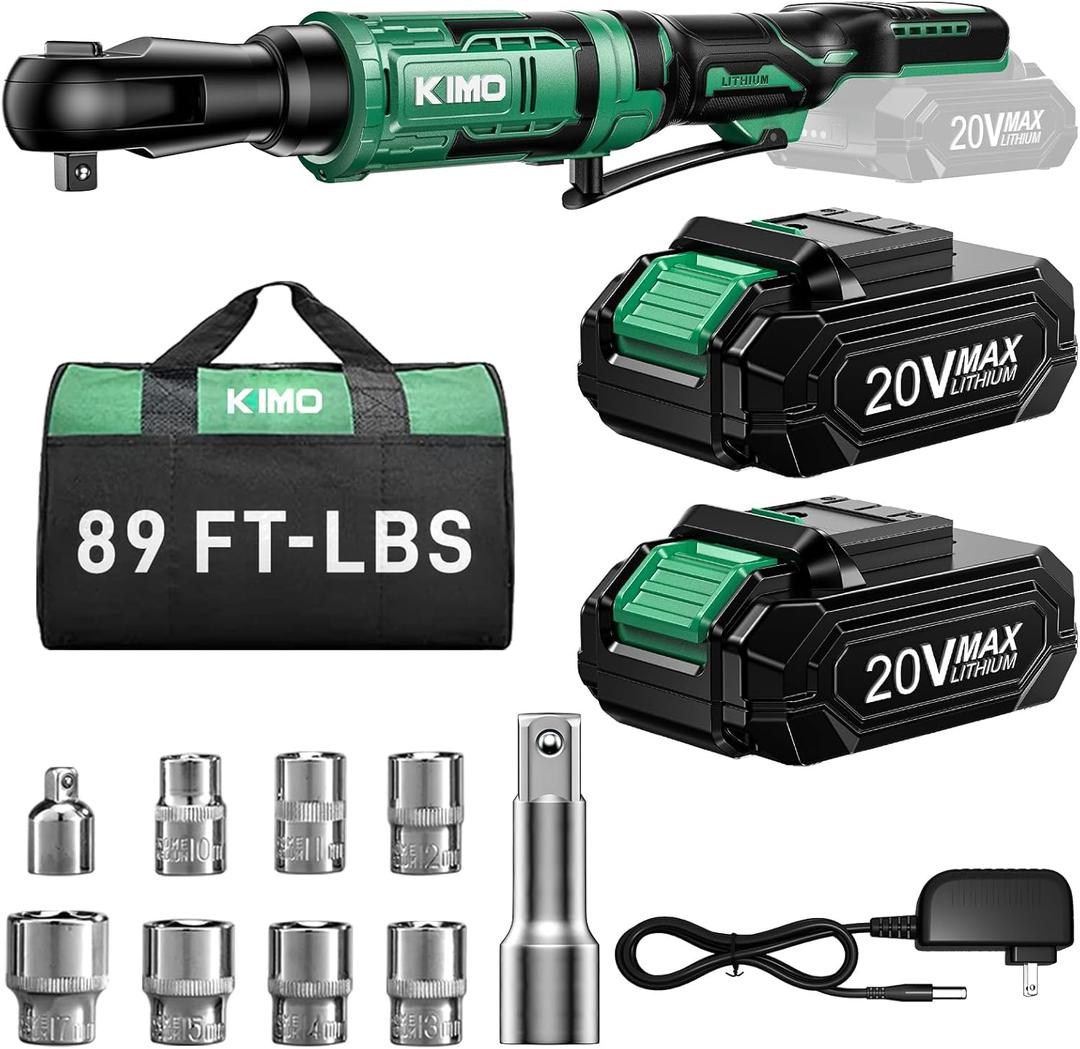 KIMO 20V Cordless Ratchet Wrench 3/8, 89Ft-lbs 400RPM Electric Ratchet Wrench Set with Variable Speed, 2x2.0Ah Battery Ratchet, LED Light, 7Socket, 3/8" to 1/4" Adapter, 3" Extension Bar, Fast Charger