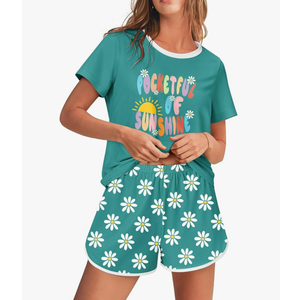 Ekouaer Women's Pajama Sets 2 Piece Lounge Sets Summer Pj Sets Cute Graphic Floral Tees and Shorts with Pockets,XL