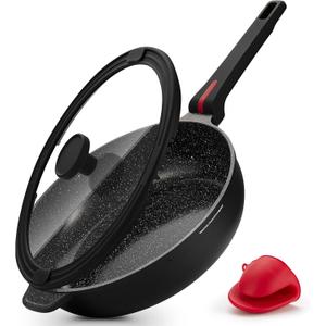 PekGema Nonstick Deep Frying Pan Skillet, Ceramic 12 Inch/4.5 Quart Saute Pan With Lid, Induction Pan, Healthy Non Toxic Cooking Pan With Helper Handle, PFOA PTFE FREE, Black