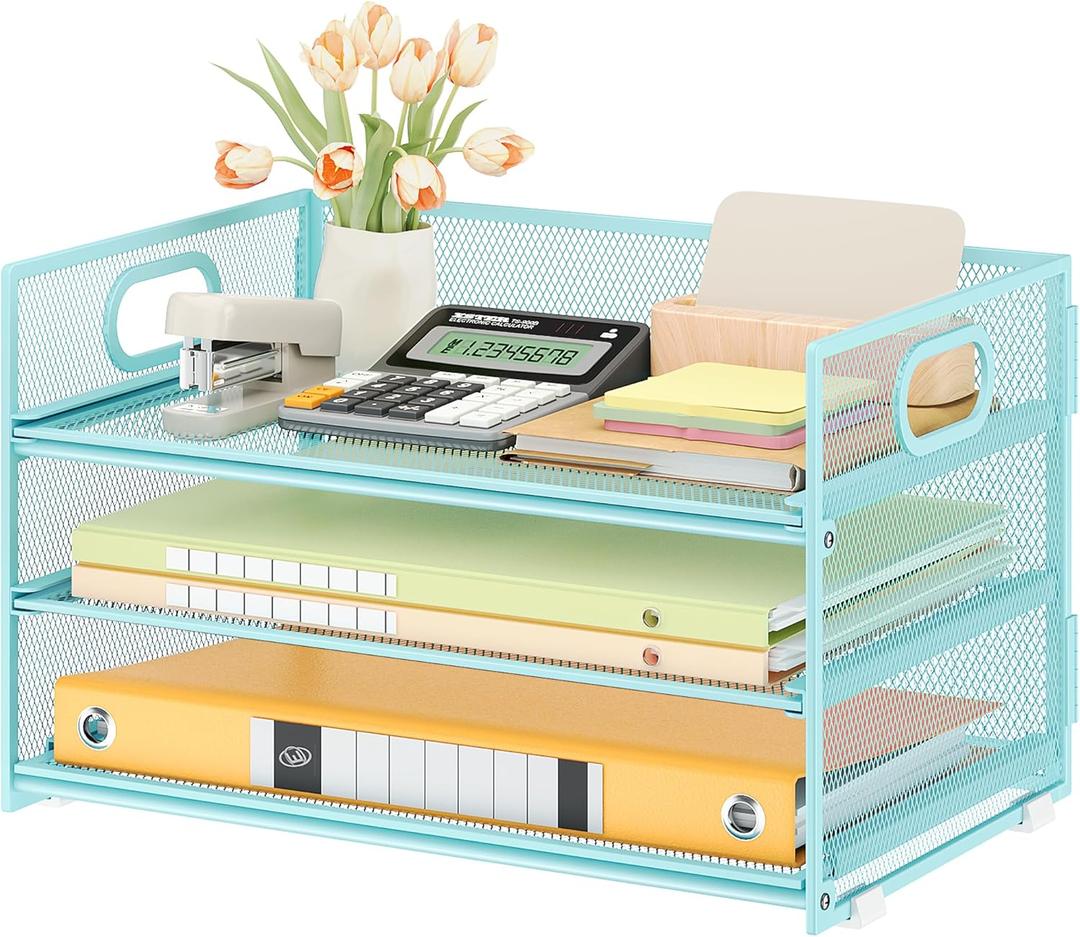 Subekyu 3 Tier Paper Desk Organizer with Handle and 1 PC Slideable Letter Tray, A4 Paper File Folder Sorter Metal Mesh Organizer for Home Office School Desk Supplies Organization Storage, Blue (12.6" x 9.1" x 8.1")