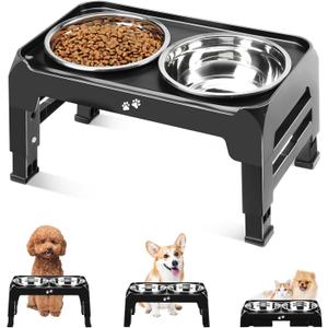 Elevated Dog Bowls for Small Medium Dogs, 3 Height Adjustable Raised Stand with 2 Thick 6" Stainless Steel Food Bowls, Non-Slip Feeder Adjusts to 2.75", 6", 7.5", Black