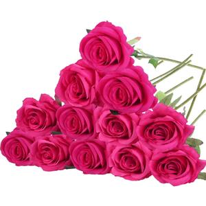 Felice Arts 12 Pack Hot Pink Artificial Roses with Stems Fuschia Silk Rose Fake Flowers for Wedding Bridal Bouquet Vase Table DIY Cake Valentines Decoration Decor