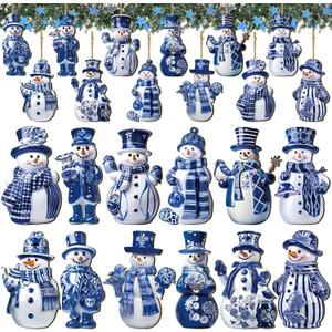 Barydat 36 Pcs Blue and White Christmas Porcelain Snowman Ornaments for Tree Blue and White Porcelain Christmas Decoration Wooden Snowman Hanging Ornaments for Xmas Tree Crafts
