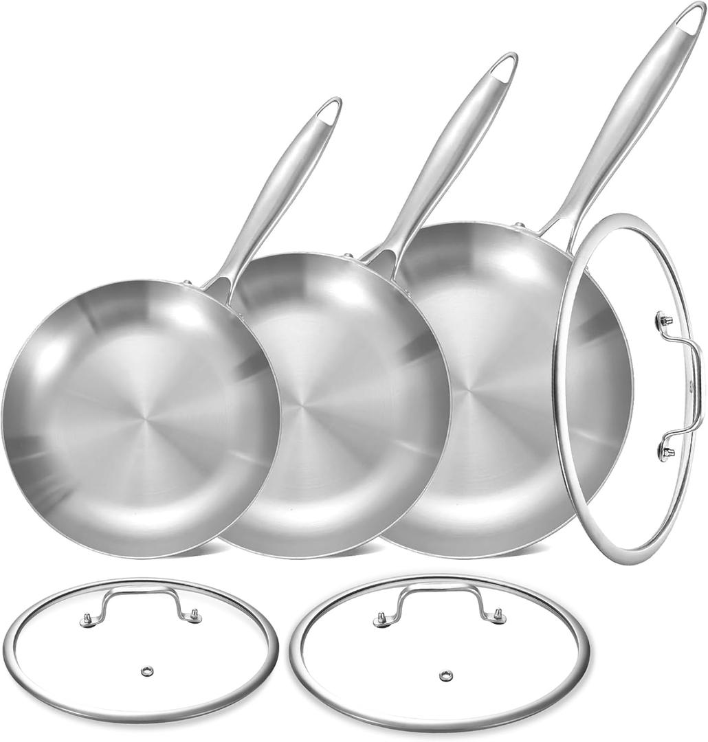 LOLYKITCH 8.5-10-12 Inch Tri-Ply Stainless Steel Frying Pan Set with Lids,Skillets,Induction Cooking Pans,Pots and Pans Set,Dishwasher and Oven Safe.