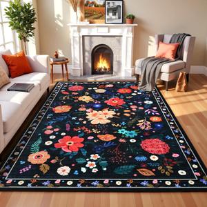 Terrug Floral Large Area Rug for Living Room, 5x7 Black Washable Rug Boho Ultra-Thin Carpet, Soft Non Slip Stain Resistant Vintage Rug for Living Room, Bedroom, Dorm, Dining Room, Office
