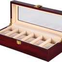 Uten Watch Box, 6 Slot Watch Case, Watch Holder with Glass Lid, Wooden Watch Case with Removable Watch Pillow, Metal Clasp Watch Display., Brown,Peach,Clear (Cherry Red)