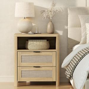 Rattan Nightstand w Charging Station, Large Boho Night Stand, Natural Wood, 15.9"L x 11.8"W x 23.5"H