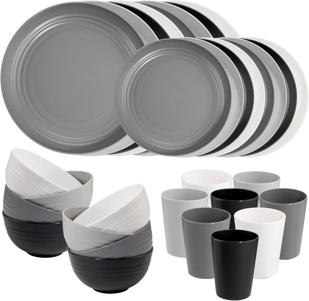 Supernal 32pcs Wheat Straw Dinnerware Sets,Plates and Bowls Sets,Reusable Plastic Plate,Microwave Dishwasher Safe,Plastic Dinnerware Set,Four Color Set 16pcs Plates,8pcs Bowls,8pcs Cups (White/Black/Light Grey/Dark Grey)