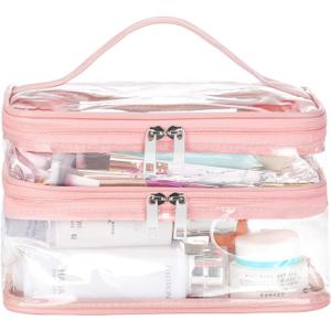 HAOGUAGUA Double Layer Clear Cosmetic Bag Makeup Bag, Waterproof Travel Toiletry Bag, Transparent PVC Pouch Organizer (Pink Large) (EXP 02/04/26)